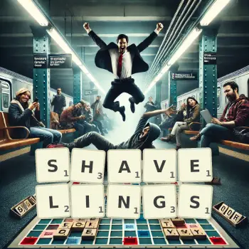 Creative illustration for a Scrabble game with the word SHAVELINGS spelled out in tiles on the board.