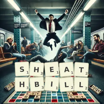 Creative illustration for a Scrabble game with the word SHEATHBILL spelled out in tiles on the board.