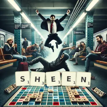 Creative illustration for a Scrabble game with the word SHEEN spelled out in tiles on the board.