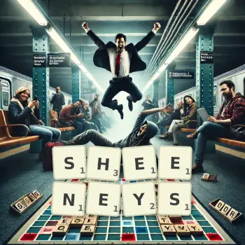 Creative illustration for a Scrabble game with the word SHEENEYS spelled out in tiles on the board.