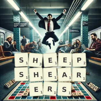 Creative illustration for a Scrabble game with the word SHEEPSHEARERS spelled out in tiles on the board.