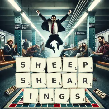 Creative illustration for a Scrabble game with the word SHEEPSHEARINGS spelled out in tiles on the board.