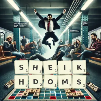 Creative illustration for a Scrabble game with the word SHEIKHDOMS spelled out in tiles on the board.