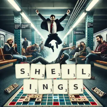 Creative illustration for a Scrabble game with the word SHEILINGS spelled out in tiles on the board.