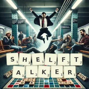 Creative illustration for a Scrabble game with the word SHELFTALKER spelled out in tiles on the board.
