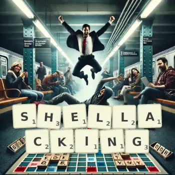 Creative illustration for a Scrabble game with the word SHELLACKING spelled out in tiles on the board.