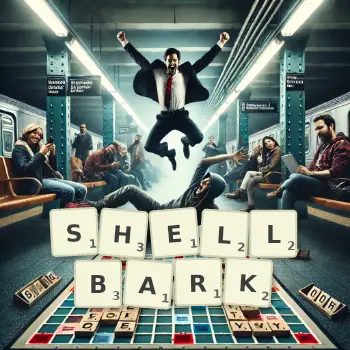 Creative illustration for a Scrabble game with the word SHELLBARK spelled out in tiles on the board.