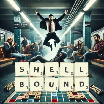 Creative illustration for a Scrabble game with the word SHELLBOUND spelled out in tiles on the board.