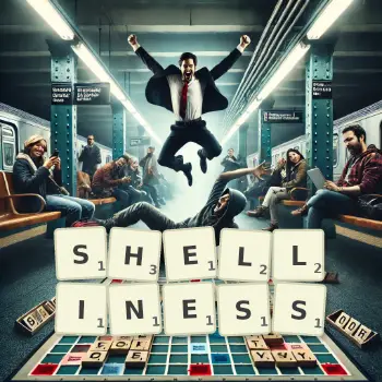 Creative illustration for a Scrabble game with the word SHELLINESS spelled out in tiles on the board.