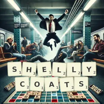 Creative illustration for a Scrabble game with the word SHELLYCOATS spelled out in tiles on the board.