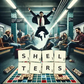 Creative illustration for a Scrabble game with the word SHELTERS spelled out in tiles on the board.
