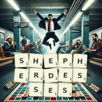 Creative illustration for a Scrabble game with the word SHEPHERDESSES spelled out in tiles on the board.