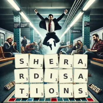 Creative illustration for a Scrabble game with the word SHERARDISATIONS spelled out in tiles on the board.
