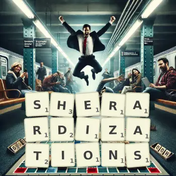 Creative illustration for a Scrabble game with the word SHERARDIZATIONS spelled out in tiles on the board.