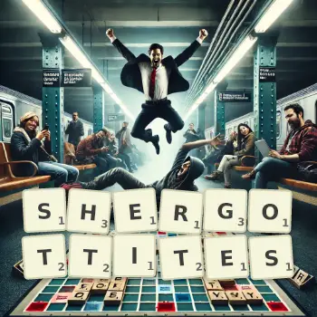 Creative illustration for a Scrabble game with the word SHERGOTTITES spelled out in tiles on the board.