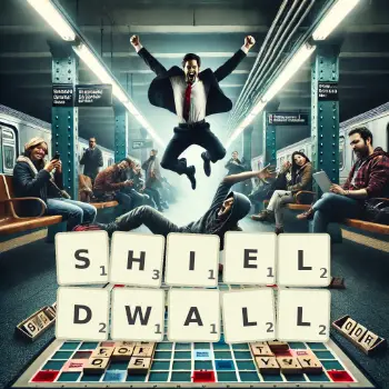 Creative illustration for a Scrabble game with the word SHIELDWALL spelled out in tiles on the board.