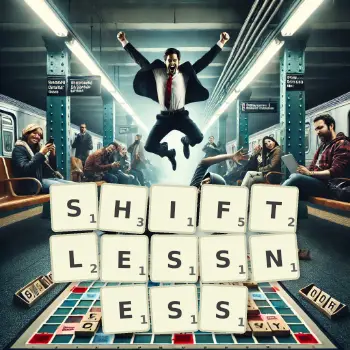 Creative illustration for a Scrabble game with the word SHIFTLESSNESS spelled out in tiles on the board.