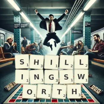 Creative illustration for a Scrabble game with the word SHILLINGSWORTH spelled out in tiles on the board.