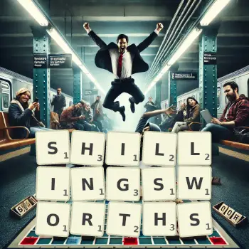 Creative illustration for a Scrabble game with the word SHILLINGSWORTHS spelled out in tiles on the board.