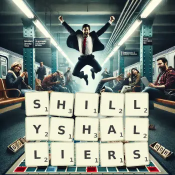 Creative illustration for a Scrabble game with the word SHILLYSHALLIERS spelled out in tiles on the board.