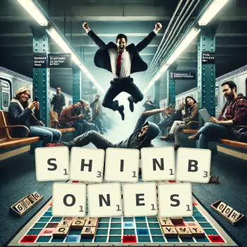 Creative illustration for a Scrabble game with the word SHINBONES spelled out in tiles on the board.