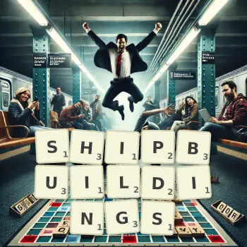 Creative illustration for a Scrabble game with the word SHIPBUILDINGS spelled out in tiles on the board.