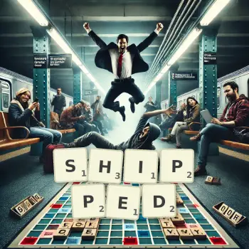 Creative illustration for a Scrabble game with the word SHIPPED spelled out in tiles on the board.