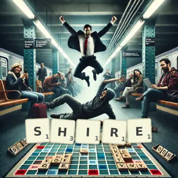 Creative illustration for a Scrabble game with the word SHIRE spelled out in tiles on the board.