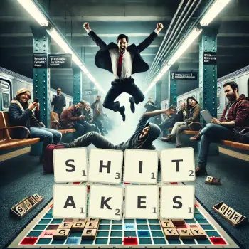 Creative illustration for a Scrabble game with the word SHITAKES spelled out in tiles on the board.