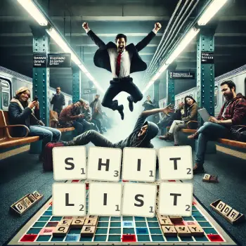 Creative illustration for a Scrabble game with the word SHITLIST spelled out in tiles on the board.