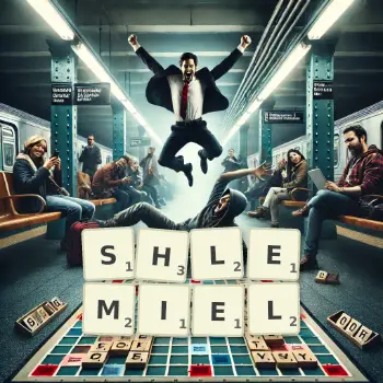 Creative illustration for a Scrabble game with the word SHLEMIEL spelled out in tiles on the board.