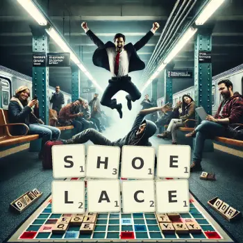 Creative illustration for a Scrabble game with the word SHOELACE spelled out in tiles on the board.