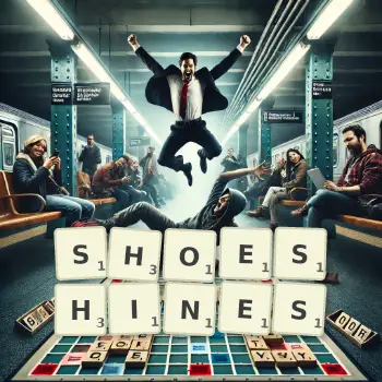 Creative illustration for a Scrabble game with the word SHOESHINES spelled out in tiles on the board.