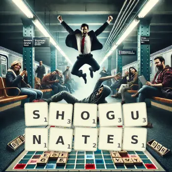 Creative illustration for a Scrabble game with the word SHOGUNATES spelled out in tiles on the board.