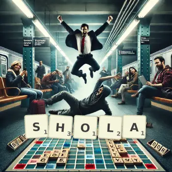 Creative illustration for a Scrabble game with the word SHOLA spelled out in tiles on the board.