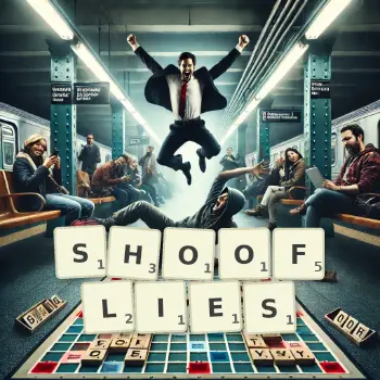 Creative illustration for a Scrabble game with the word SHOOFLIES spelled out in tiles on the board.
