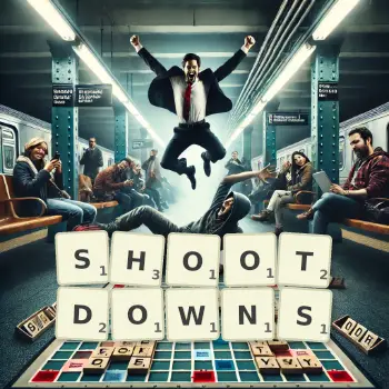 Creative illustration for a Scrabble game with the word SHOOTDOWNS spelled out in tiles on the board.