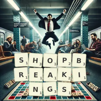Creative illustration for a Scrabble game with the word SHOPBREAKINGS spelled out in tiles on the board.