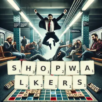 Creative illustration for a Scrabble game with the word SHOPWALKERS spelled out in tiles on the board.