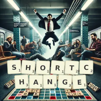 Creative illustration for a Scrabble game with the word SHORTCHANGE spelled out in tiles on the board.