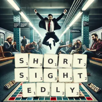 Creative illustration for a Scrabble game with the word SHORTSIGHTEDLY spelled out in tiles on the board.