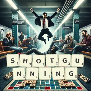 Creative illustration for a Scrabble game with the word SHOTGUNNING spelled out in tiles on the board.