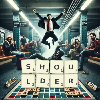 Creative illustration for a Scrabble game with the word SHOULDER spelled out in tiles on the board.