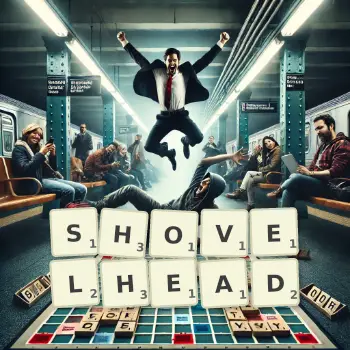 Creative illustration for a Scrabble game with the word SHOVELHEAD spelled out in tiles on the board.