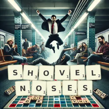Creative illustration for a Scrabble game with the word SHOVELNOSES spelled out in tiles on the board.