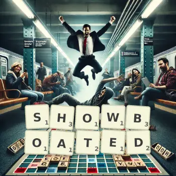 Creative illustration for a Scrabble game with the word SHOWBOATED spelled out in tiles on the board.