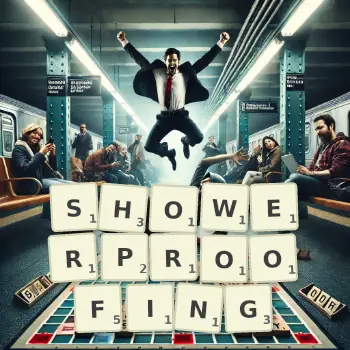 Creative illustration for a Scrabble game with the word SHOWERPROOFING spelled out in tiles on the board.