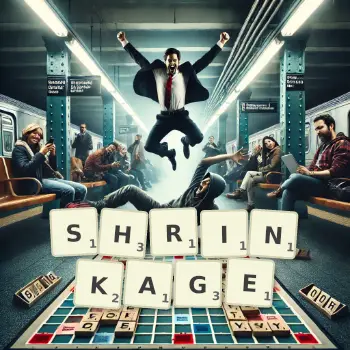 Creative illustration for a Scrabble game with the word SHRINKAGE spelled out in tiles on the board.