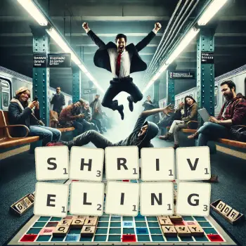 Creative illustration for a Scrabble game with the word SHRIVELING spelled out in tiles on the board.
