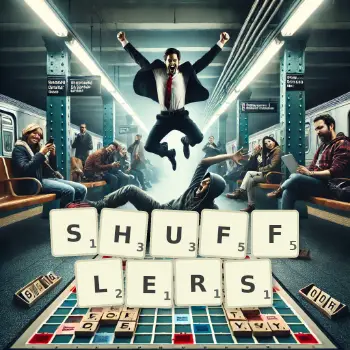 Creative illustration for a Scrabble game with the word SHUFFLERS spelled out in tiles on the board.